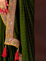 Women's Vichitra Silk Olive Embellished Designer Saree With Blouse Piece