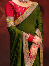 Women's Vichitra Silk Olive Embellished Designer Saree With Blouse Piece