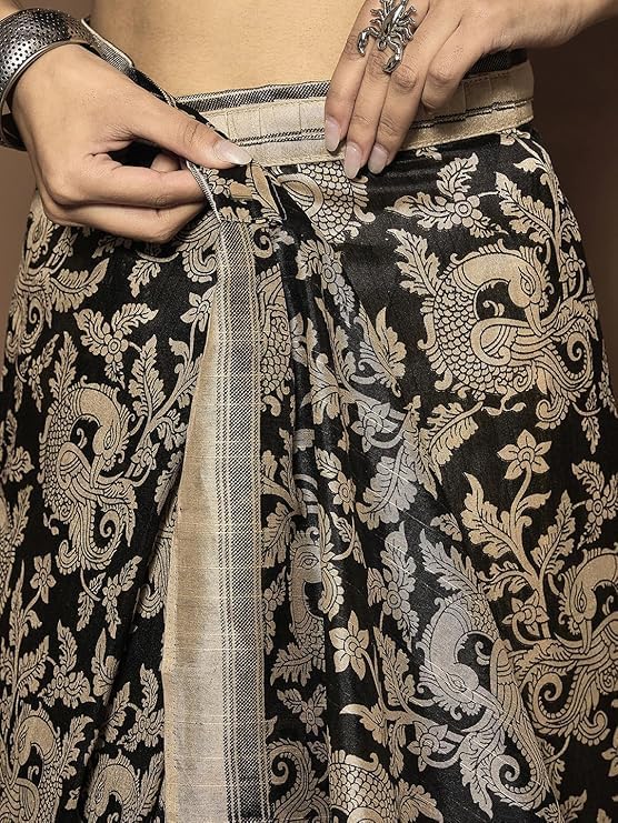 Women's Bhagalpuri Silk Black Printed Designer Saree with Blouse Piece