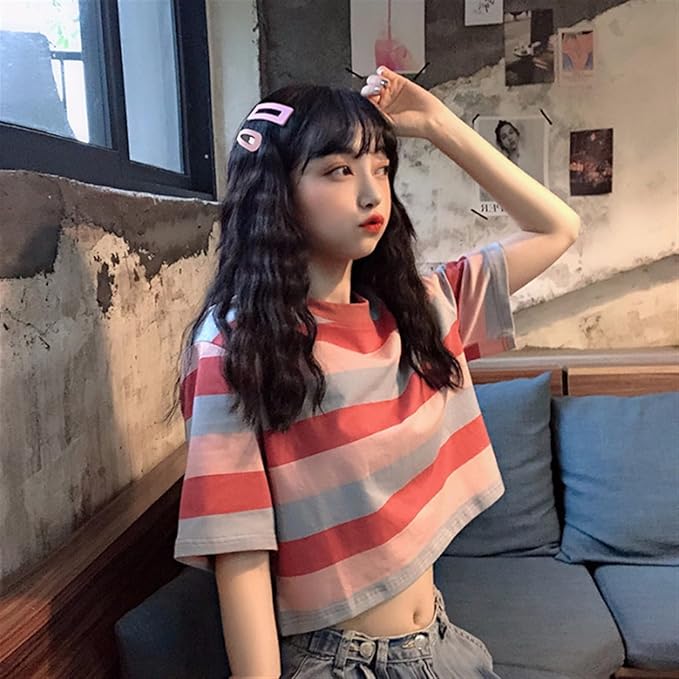 Women's Pink Casual Regular Fit Striped Tshirt