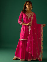 Women's Pink Zari Work Kurta with Sharara and Dupatta