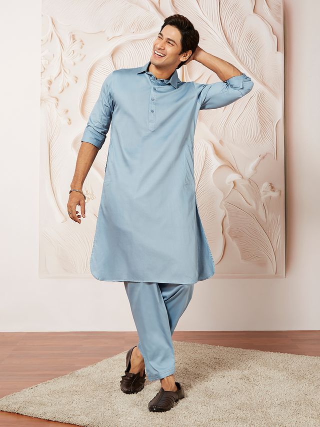 Men's Blue Satin Traditional Pathani Khan Suit Set