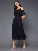 Women's Black Bardot Style Sleeveless Spaghetti Strap Solid Off Shoulder Midi Skater Party Dress