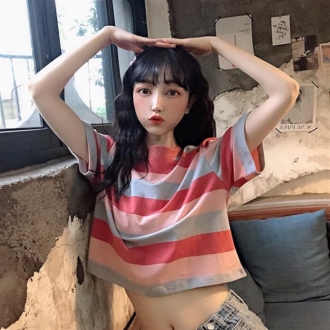 Women's Pink Casual Regular Fit Striped Tshirt