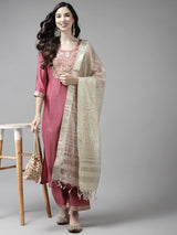 Women's Solid Pink Straight Kurta Palazzo with Dupatta Set
