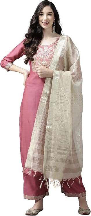 Women's Solid Pink Straight Kurta Palazzo with Dupatta Set