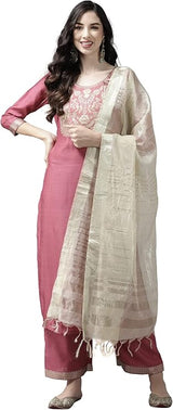 Women's Solid Pink Straight Kurta Palazzo with Dupatta Set