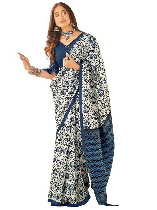 Women's Bhagalpuri Silk White Printed Designer Saree with Blouse Piece