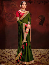 Women's Vichitra Silk Olive Embellished Designer Saree With Blouse Piece