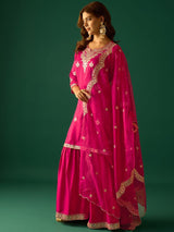 Women's Pink Zari Work Kurta with Sharara and Dupatta