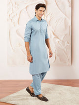 Men's Blue Satin Traditional Pathani Khan Suit Set
