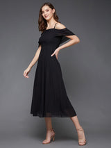 Women's Black Bardot Style Sleeveless Spaghetti Strap Solid Off Shoulder Midi Skater Party Dress