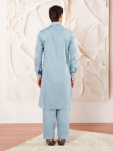 Men's Blue Satin Traditional Pathani Khan Suit Set