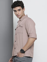 Men Slim Fit Placement Print Full Sleeves Cutaway Collar Double Flap Pocket Casual Over Shirt
