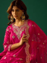 Women's Pink Zari Work Kurta with Sharara and Dupatta