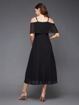 Women's Black Bardot Style Sleeveless Spaghetti Strap Solid Off Shoulder Midi Skater Party Dress