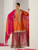 Women's Orange Polyester Chinon 3 Pieces Kurta Set