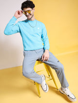 Men's Blue Casual Round Neck Self-Design Full Sleeves Sweatshirt