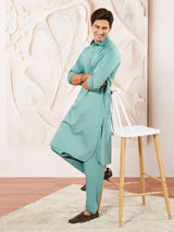 Men's Green Satin Traditional Pathani Khan Suit Set