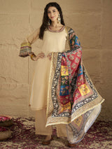 Women 's Beige Shimmer Kurta Set with Intricate Lace Detailing Paired with Palazzo and Dupatta
