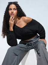 Women's Black Casual Oversized Fit Solid Full Sleeves Cropped Sweatshirt