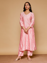 Women's Pink Casual Regular Fit Embroidered Kurta Set