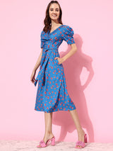 Women's Blue V-Neck Pleated Puff Sleeve Floral Patterned Wrap Midi Casual Dress