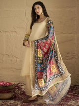 Women 's Beige Shimmer Kurta Set with Intricate Lace Detailing Paired with Palazzo and Dupatta