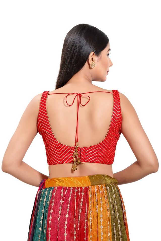 Women's Red Silk Padded Back Open Sleeveless Saree Blouse