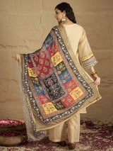 Women 's Beige Shimmer Kurta Set with Intricate Lace Detailing Paired with Palazzo and Dupatta