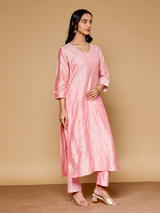 Women's Pink Casual Regular Fit Embroidered Kurta Set