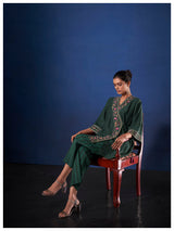 Women's Green Work Regular Fit Embroidered Three Quarter Sleeves Co-Ord Sets
