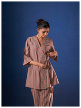 Women's Purple Work Regular Fit Embroidered Three Quarter Sleeves Co-Ord Sets