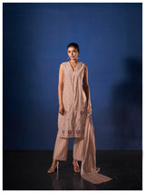 Women's Pink Work Regular Fit Embroidered Sleevless Co-Ord Sets