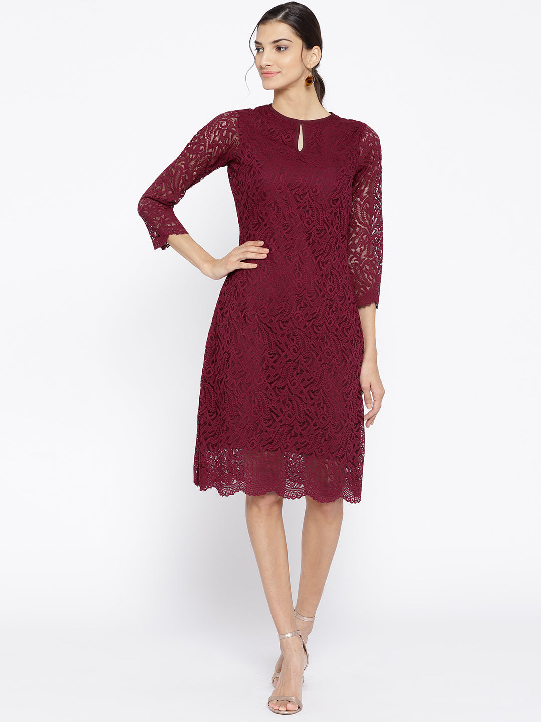 Women's Burgundy Lace A-Line Work Dress