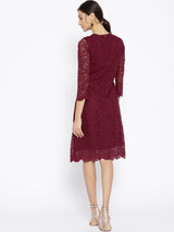 Women's Burgundy Lace A-Line Work Dress