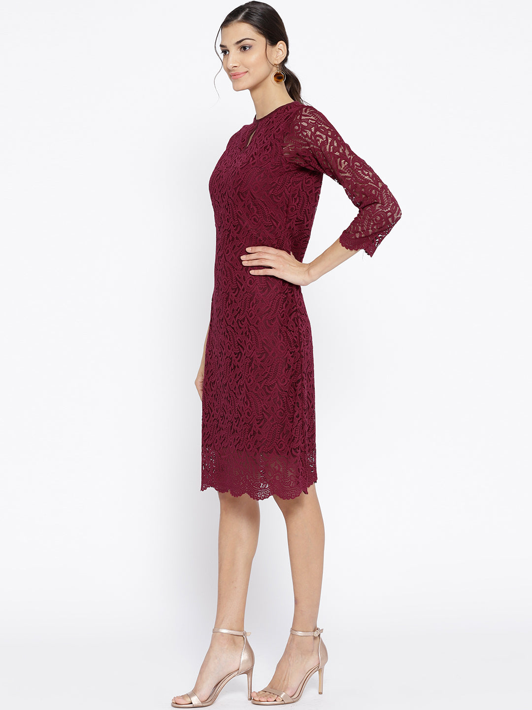 Women's Burgundy Lace A-Line Work Dress