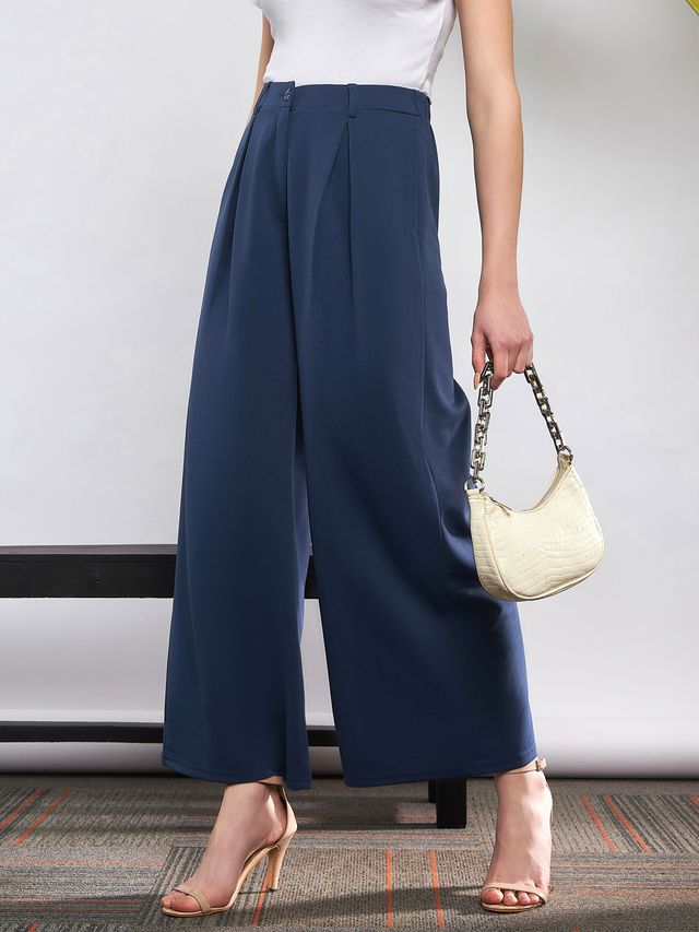 Women's Blue Casual Solid Regular Fit Pants