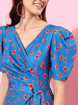 Women's Blue V-Neck Pleated Puff Sleeve Floral Patterned Wrap Midi Casual Dress