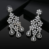 Women's Rhodium Plated CZ Snow Flakes Chandelier Long Earrings