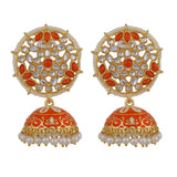 Women's Gold Plated Orange Meenakari Traditional Jhumka Earrings with Pearl