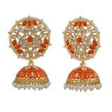 Women's Gold Plated Orange Meenakari Traditional Jhumka Earrings with Pearl