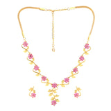 Women's Gold Plated Traditional Flower Designer Necklace Set with Ruby Stones