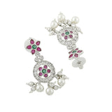 Women's Rhodium Plated CZ Flower Designer Bridal Earrings with Pearls