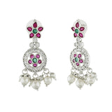 Women's Rhodium Plated CZ Flower Designer Bridal Earrings with Pearls