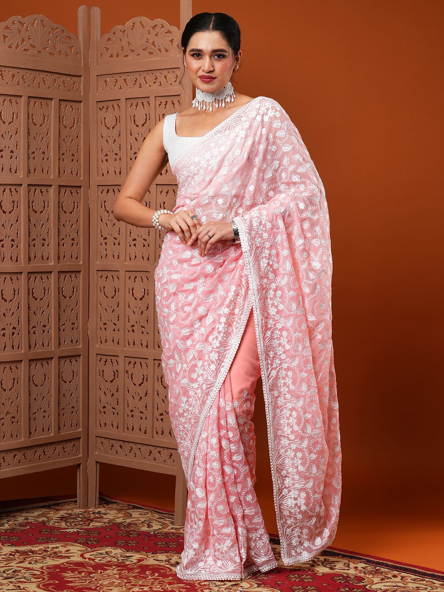 Women's Organza Pink Embroidered Designer Saree with Blouse Piece