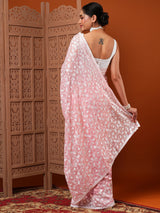 Women's Organza Pink Embroidered Designer Saree with Blouse Piece