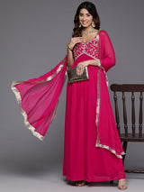 Women's Fuchsia Embroidered Anarkali Strap Kurta Paired With Tonal Dupatta