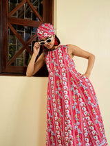 Women's Red Casual Floral Round Neck Sleeveless Midi Dress