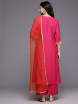 Women's Pink Zari Embroidered Contrast Yoke Kurta With Bottom And Contrast Dupatta